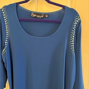 Susan Graver Blue Embellished Blouse with 3/4 Sleeves